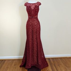 Burgundy Lace Beaded Mermaid Gown - Women Dresses Wedding